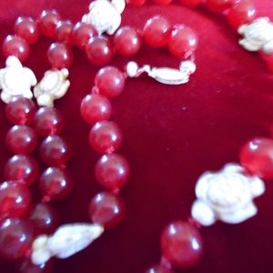 Red Jade & White Turtle Beads 14 k wg Clasp